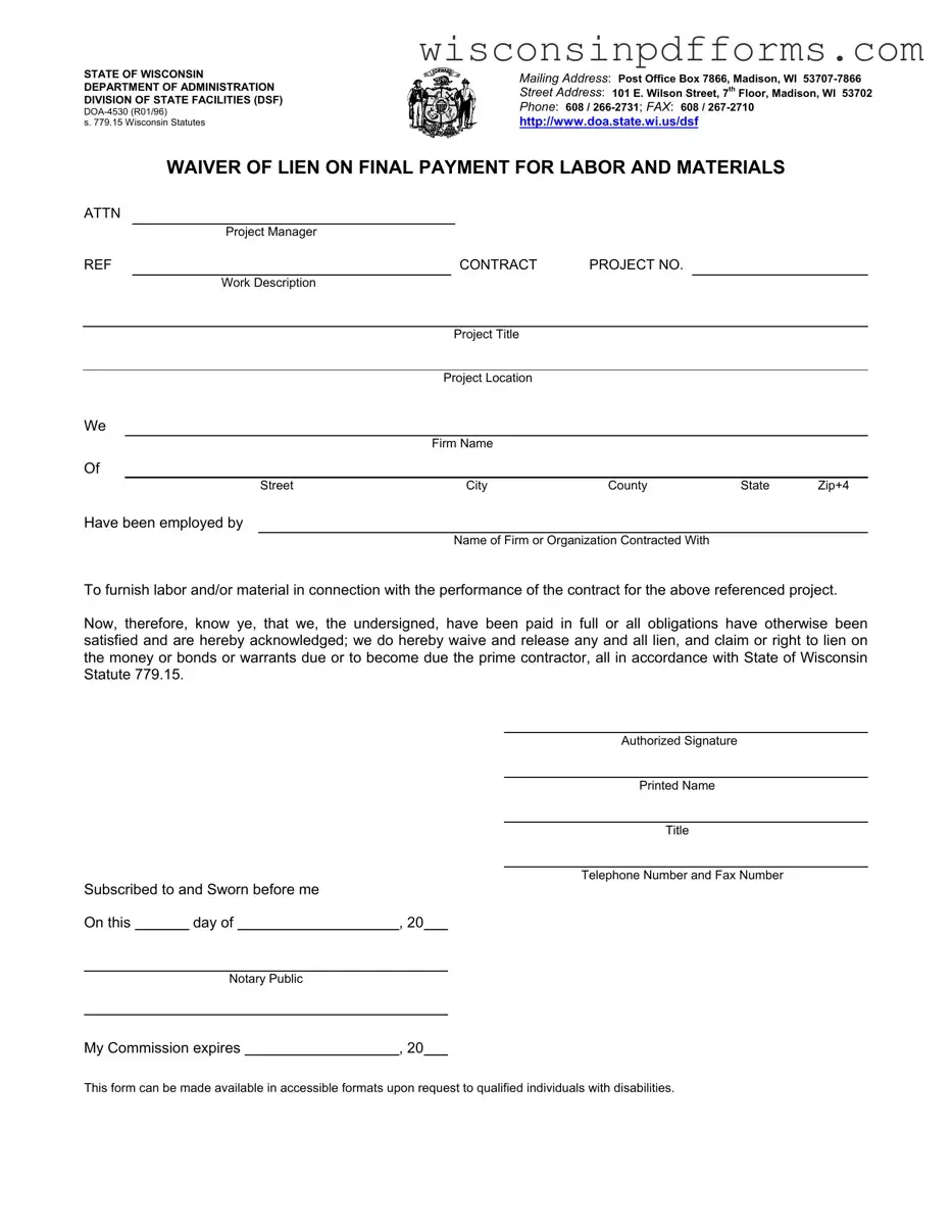 Fill Out Your Lien Waiver Wisconsin Template