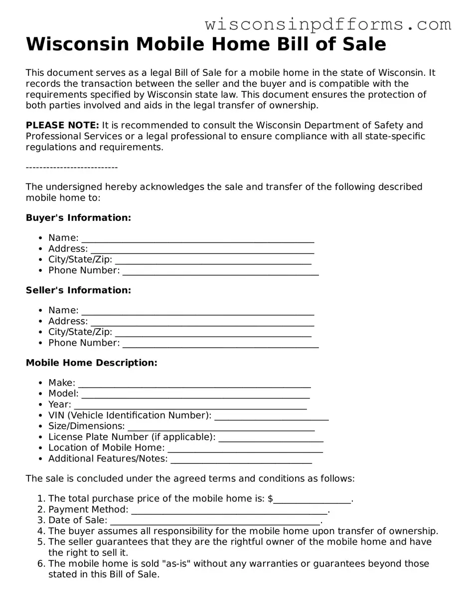 Attorney-Approved Wisconsin Mobile Home Bill of Sale Document