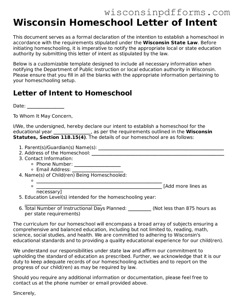 Attorney-Approved Wisconsin Homeschool Letter of Intent Document