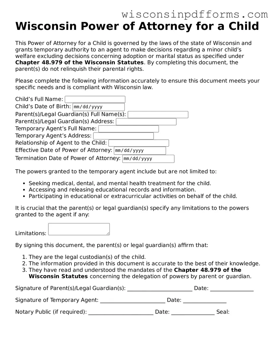 Attorney-Approved Wisconsin Power of Attorney for a Child Document